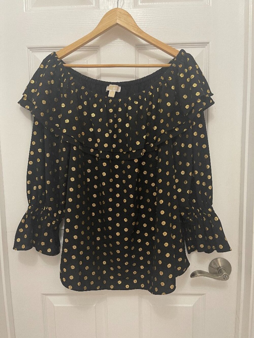 Michael Kors Black & Gold Foil Metallic Dot Off-The-Shoulder Blouse Plus Size 1X